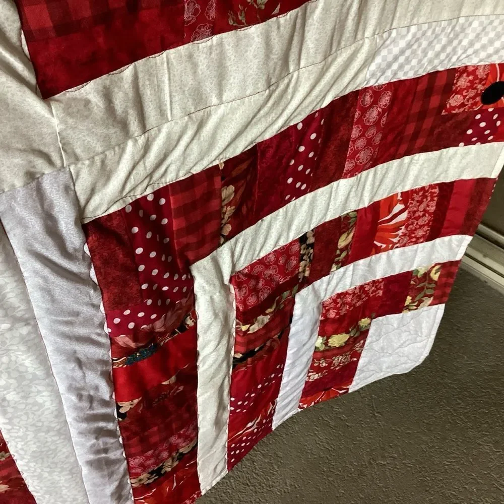 NWT. Hand Crafted “Strawberry Fields” Red and White Patchwork Quilt